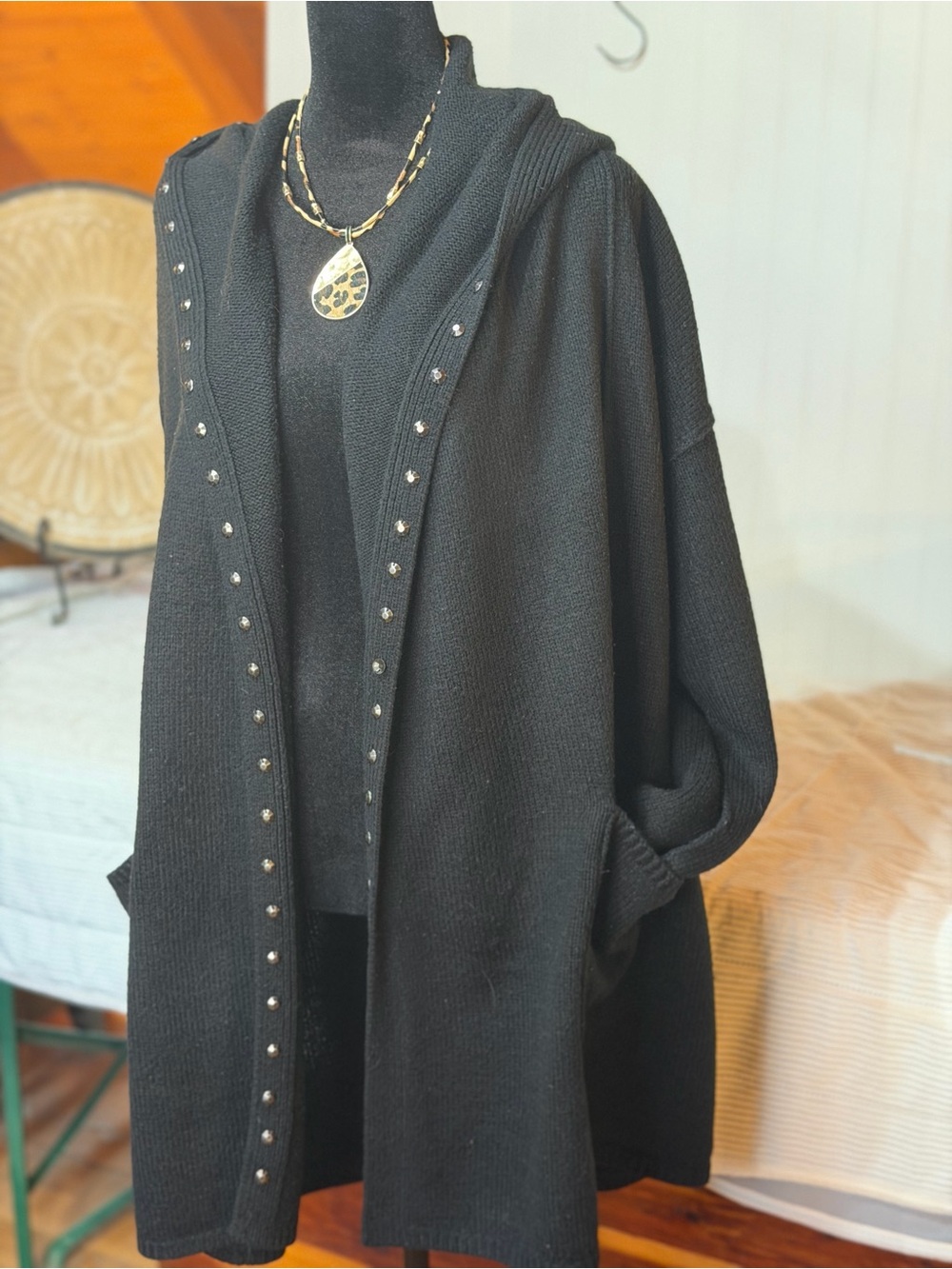 Style & Co. Black Hooded Open-Front Cardigan with Stud Trim